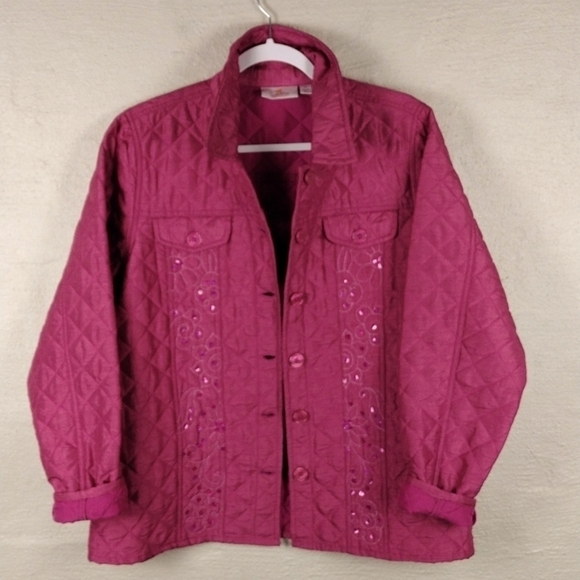 Quacker Factory Pink Quilted Embellished  Long Sleeve Button Front Jacket - Picture 4 of 11